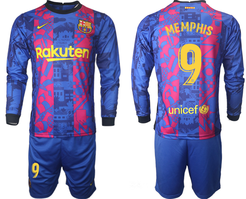 Men 2021-2022 Club Barcelona Second away blue Long Sleeve #9 Soccer Jerseys